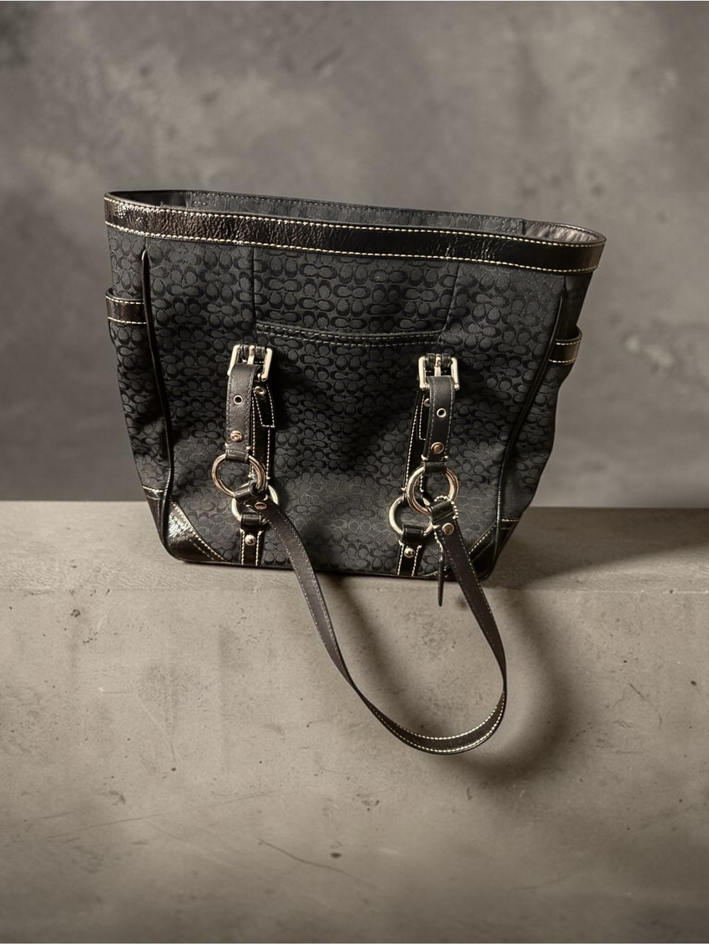 Coach Black Signature Canvas Tote with Leather Accents